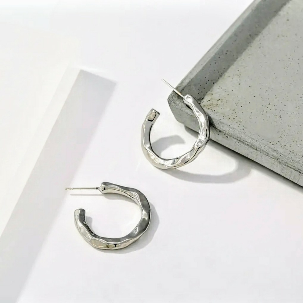 Silver Hammered Molten Hoop Statement Earrings; NWOT